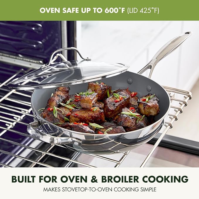 GreenPan Valencia Pro Tri-Ply Stainless Steel 12” Wok with Lid, PFAS-Free Ceramic Nonstick Coating, Induction Ready Cookware, All Cooktops, Dishwasher & Oven Safe to 600F