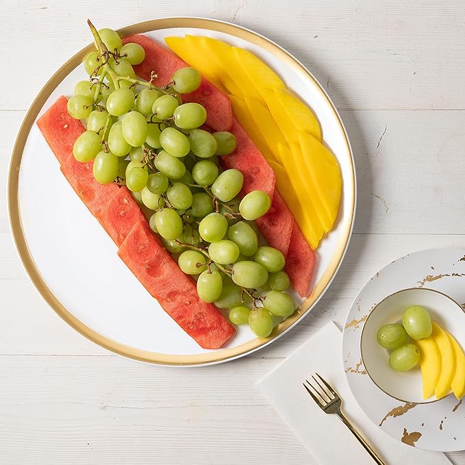 Plasticpro Plastic Serving Trays - Round Serving Platters with Gold Rim 14X14 Disposable Party DishPack of 4