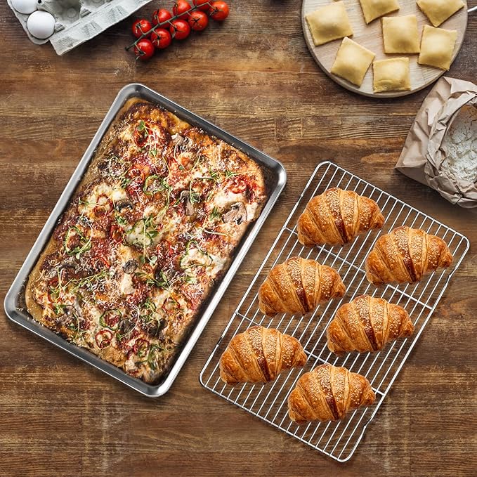 Baking Sheet with Wire Rack Set (1 Baking Pan + 1 Cooling Rack), 16 x 12 x 1 Inch Stainless Steel Cookie Sheet Pan Toaster Oven Tray with Rack, Non-stick & Dishwasher Safe