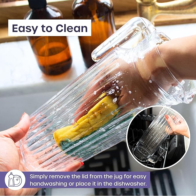 Glass Pitcher with Lid β 2 Pack 34 oz Glass Water Pitcher with Handle, Ribbed Glass Container with Lid and Vented Spout for Fridge Shelf, Iced Tea, Lemonade, Juice