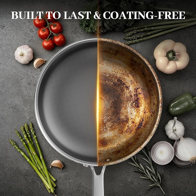 FogDream Titanium Non Stick Frying Pan, 10in Tri-Ply Hybrid Stainless Steel Skillet with Spatulas, All-in-One Cookware, Stay Cool Handle, Dishwasher & Oven-Safe,Induction Compatible,Silver