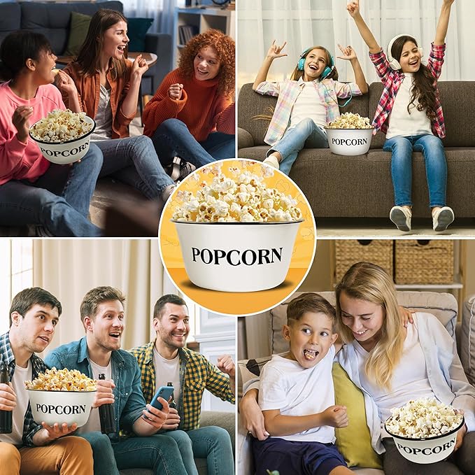 CWI 3.7-Quart Enamelware Popcorn Bowl - Round White Dish with Black Touches for Cinema Nights and Camping - Classic White with Black Rim, Durable (1 bowl)