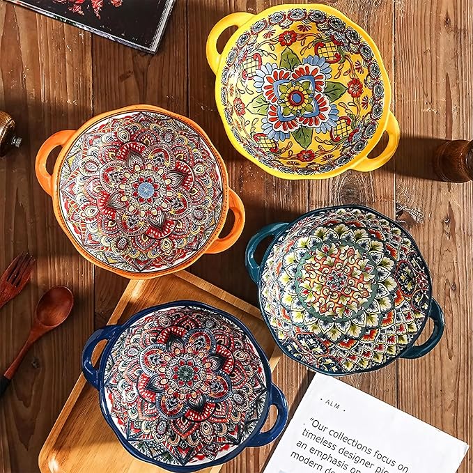 2 Pack Boho Ceramic Serving Bowls with Handles, 40 Oz Porcelain Salad Bowls, Large Serving Dishes for Entertaining, Mixing Bowls for Soup, Stew, Pasta, Cereal, Colorful Embossed Cute Bowls Set SH