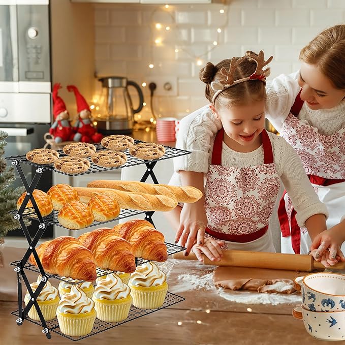 4 Tier Collapsible Cooling Rack, 3 Adjustable Setting Design Wire Baking Rack Stackable Cookies Bread Cooling Racks for Cooking and Baking, Roasting, Drying, Bakers