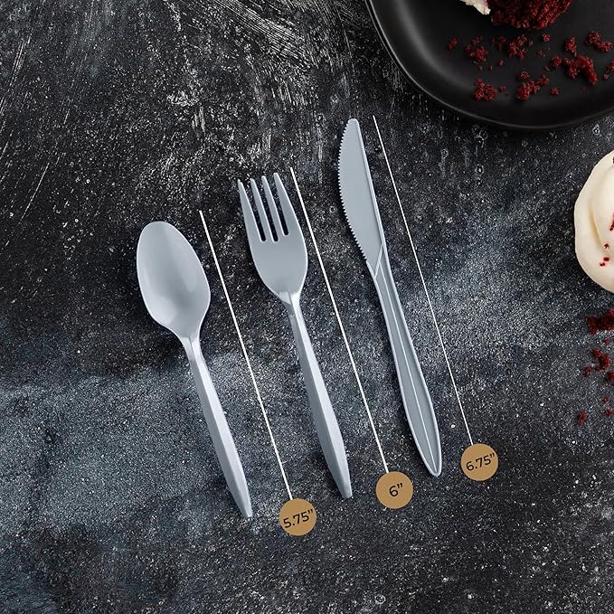 PLASTICPRO 400 Pack Disposable Plastic Utensils Assorted Colored Cutlery Combo Set Forks Spoons Knives Silverware, Silver Plastic Cutlery for Parties