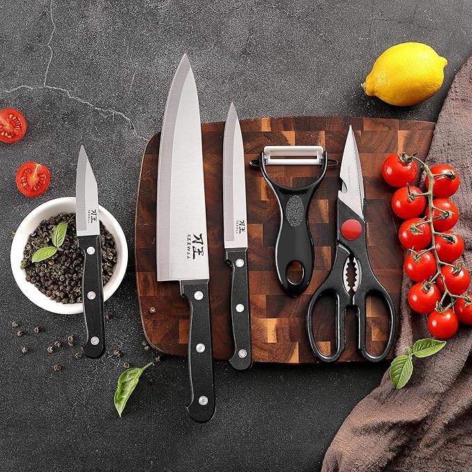 5 Pieces Kitchen knife Set, Knife Set Without Block with Sheathes, Stainless Steel Sharp Blade and Comfortable Handle, Chef Knife Set with Kitchen Scissors and Peeler for Cooking