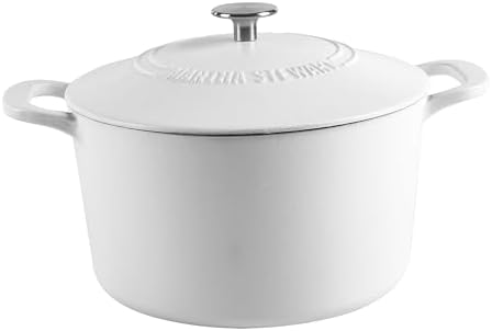 MARTHA STEWART Gatwick 7-Quart Enamel Cast Iron Dutch Oven Pot with Lid – Matte White – Durable Heavy-Duty Dutch Oven for Slow Cooking, Braising & Baking