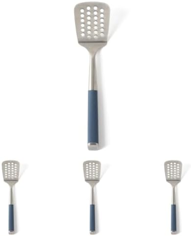 Calphalon Slotted Turner, Kitchen Flipping Spatula, Stainless Steel with Silicone Heat Resistance Handle, Nonstick-Safe Spatula for Draining and Flipping (Navy), Slotted Turner (Pack of 4)