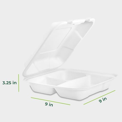 Freshware Clamshell Food Containers with Lids [9x9"] 3-Compartment 100-Pack, Disposable To Go Containers, Biodegradable Sugarcane To Go Boxes - Paper Container - Microwave & Freezer Safe, Stackable