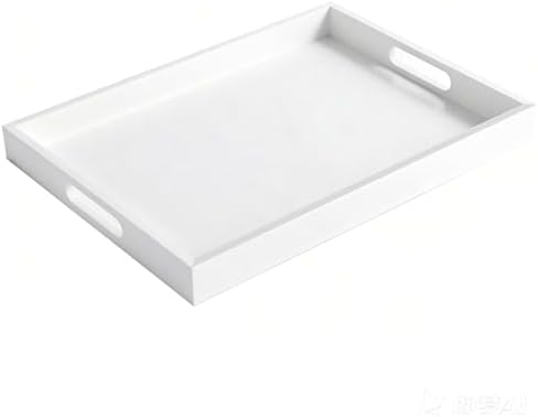 Krismax Wooden Serving Tray with Handles, Serving Platter 15.7x11.4 Inch Food Drinks Tray for Coffee Table,Decorative Storage Tray for Entertaining, Breakfast Tray in Bed,Lunch,Dinner,BBQ(White)