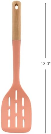 Beille 1pc Slotted Spatula Beech Wood and Silicone Kitchen Utensils Meal Prep Cooking Baking Supplies Home Essentials, Coral