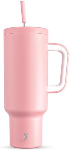 Meoky 50 oz Tumbler with Handle, Tumbler with Lid and Straw, Insulated Stainless Steel Travel Mug, 100% Leak-proof, Keeps Cold for 36 Hours or Hot for 12 Hours (Blush)