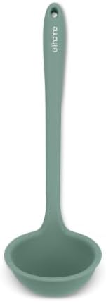 Elihome Classic 10.5 inch Silicone Soup Ladle Cooking Spoon: 600ºF Heat Resistant 2 oz Non-stick Seamless Deep Serving Spoon with Non Slip Long Handle for Cooking Sauce Stews Gravy Sage Green