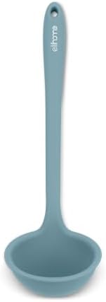 Elihome Classic 10.5 inch Silicone Soup Ladle Cooking Spoon: 600ºF Heat Resistant 2 oz Non-stick Seamless Deep Serving Spoon with Non Slip Long Handle for Cooking Sauce Stews Gravy - Teal Grey