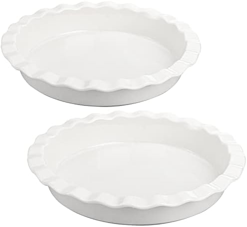 Foraineam Porcelain Pie Pan for Baking, Oven Safe Pie Plate Baking Dish, 9 Inches Round Deep Dish with Ruffled Edge, Set of 2