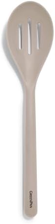 GreenPan Silicone Slotted Spoon, Cooking Kitchen Utensil, Mixing Stirring Serving, Flexible Rubber Nonstick Cookware, Rigid Steel Core Heat-Resistant, Anti-Slip Handle, BPA-Free Dishwasher Safe, Taupe