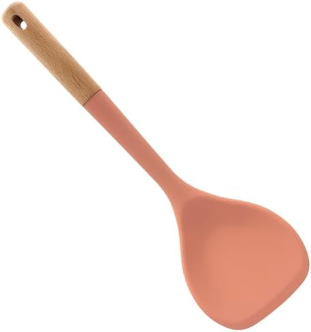 Beille 1pc Solid Spatula Beech Wood and Silicone Kitchen Utensils Meal Prep Cooking Baking Supplies Home Essentials, Coral