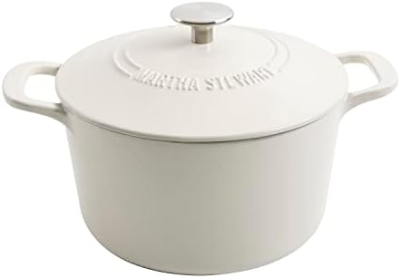MARTHA STEWART Gatwick 7-Quart Enamel Cast Iron Dutch Oven – Linen Color with Silver Knob – Durable Heavy-Duty Dutch Oven for Slow Cooking and Braising