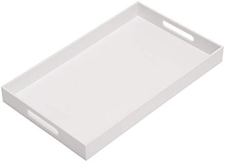 KEVLANG Glossy White Sturdy Acrylic Serving Tray with Handles-12x20 Inch-Serving Coffee Appetizer Breakfast-Kitchen Countertop Makeup Drawer Organizer-Vanity Table Ottoman Decorative Tray