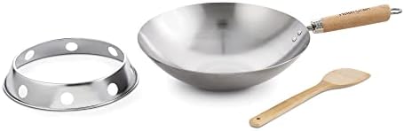 Helen's Asian Kitchen Carbon Steel 4-Piece Wok Set, 12-Inch Round Bottom Wok