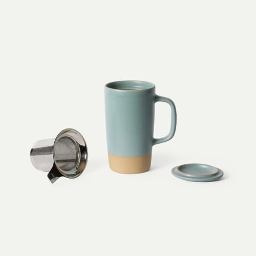 MORA Ceramics Large Tea Mug with Loose Leaf Infuser and Ceramic Lid, 18 oz, Portable, Microwave, Dishwasher Safe, Tall Coffee Cup - Rustic Matte Ceramic Glaze, Modern Herbal Tea Strainer, Iris
