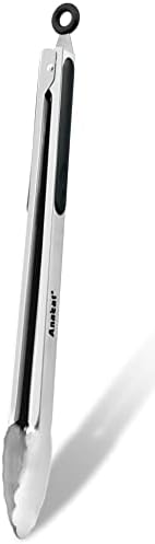 Anaeat Extra Long Stainless Steel Grilling Locking Tong, 17" Sturdy Coiled Spring Kitchen Food Tong with Non-Slip Silicone Grip for BBQ, Baking, Cooking - Heat Resistant up to 480°F (Black)