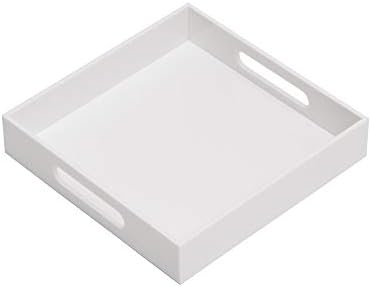 KEVLANG Glossy White Sturdy Acrylic Serving Tray with Handles-10x10Inch-Serving Coffee,Appetizer,Breakfast,Butler-Kitchen Countertop-Makeup Drawer Organizer-Vanity Table,Ottoman Tray-Decorative Tray