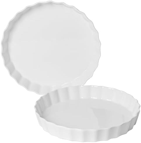 Quiche Baking Dish, Ceramic Quiche Pan, 10 inch Large Round Tart Pan Set of 2, Porcelain Pie Pan Oven Safe, Wave White Baking Dishes for Dessert, Cheesecake, Souffles, Dishwasher Safe, 43 Oz