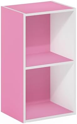 Furinno PASIR Book Shelf, 2-Tier Modern Bookshelf, Open Shelves Bookcase 9 x 12 x 21, Easy Assembly, for Living Room, Bedroom, Home Office, Pink/White