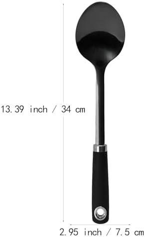 Stainless Steel Cooking Spoon, 14-Inch, Solid Bowl, Black