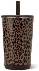 HydroJug Everyday Tumbler 14 oz, Ceramic-Lined Straw Cup, Brown Leopard
