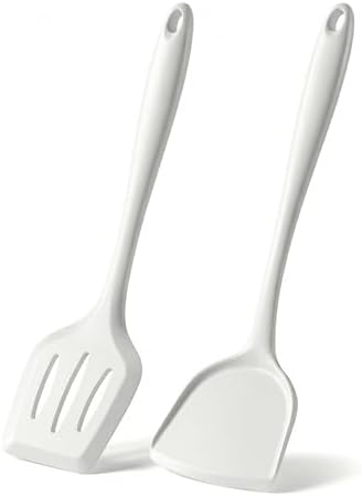 2-Pack Silicone Spatula Set, Heat Resistant Spatulas for Baking & Mixing, BPA-Free Solid & Slotted Turner for Non-Stick Pans, Kitchen Utensils for Scraping, Sauteing and Flipping (Cream)