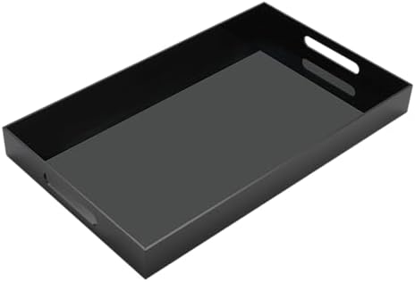 Glossy Black Acrylic Serving Tray with Handles-Butler Trays for Coffee Table, Snacks,Breakfast in Bed, Kitchen Countertop,Vanity,Makeup Organizer,Ottoman (Black, 12x20 Inches)