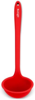 Elihome Classic 10.5 inch Silicone Soup Ladle Cooking Spoon: 600ºF Heat Resistant 2 oz Non-stick Seamless Rubber Kitchen Deep Serving Spoon with Non Slip Long Handle for Cooking Sauce Stews Gravy Red