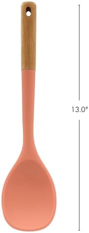 Beille 1pc Solid Cooking Spoon Beech Wood and Silicone Kitchen Utensils Meal Prep Baking Supplies Home Essentials, Coral