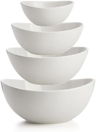 Sweese Porcelain Bowl Set - Serving, Prep, Salad, Dishwasher Microwave Safe, 10/18/28/42 oz, White Grey