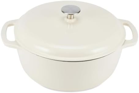 Amazon Basics Enameled Cast Iron Dutch Oven Pot with Lid, Round, Dual Handles, Heavy-Duty, Oven Safe for Stews, Roasting, Baking, 4.3-Quart, White