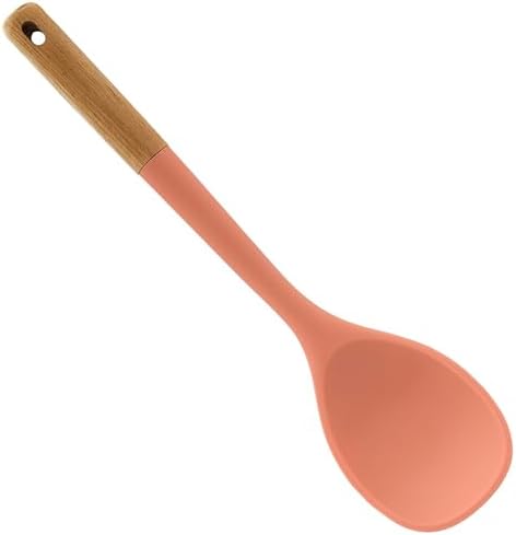 Beille 1pc Solid Cooking Spoon Beech Wood and Silicone Kitchen Utensils Meal Prep Baking Supplies Home Essentials, Coral
