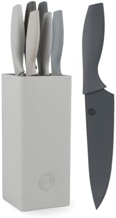 MasterChef Knife Set with Block, 7pc Kitchen Knives Set with Holder, Grey