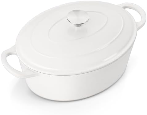 E-far 7QT Oval Dutch Oven Pot with Lid, White Enameled Cast Iron Dutch Oven
