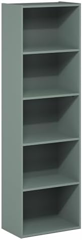 Furinno LUDER Book Shelf, 5-Tier Bookshelf, Bookcase with Open Shelves, 9.4 x 15.8 x 52, Easy Assembly, for Living Room, Bedroom, Home Office, Sage Green
