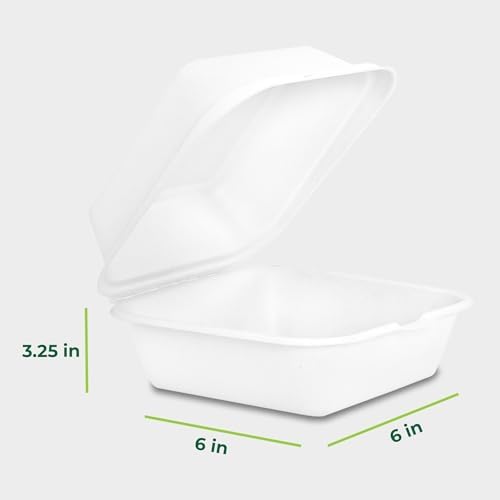 Freshware Clamshell Food Containers with Lids [6x6 50-Pack] Disposable To Go Containers, Biodegradable Sugarcane To Go Boxes - Paper Container - Microwave & Freezer Safe, Stackable