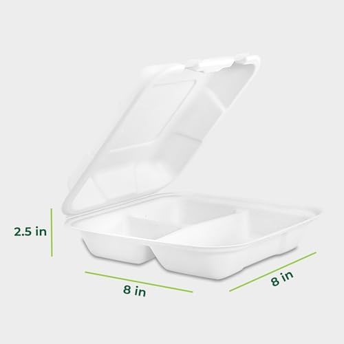 Freshware Clamshell Food Containers with Lids [8x8"] 3-Compartment 100-Pack, Disposable To Go Containers, Biodegradable Sugarcane To Go Boxes - Paper Container - Microwave & Freezer Safe, Stackable