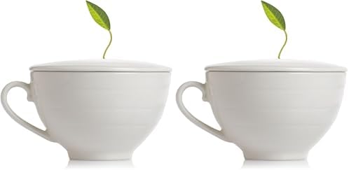 Tea Forte Cafe Cup White Porcelain Tea Cup and Lid, Steeps 8 oz., Microwave and Dishwasher Safe (Pack of 2)