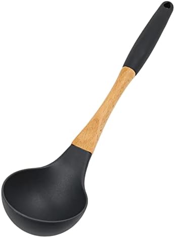 Beille Grey Nylon Ladle with Soft Grip Ergonomic Wooden Handle Kitchen Utensils, 13 Inch