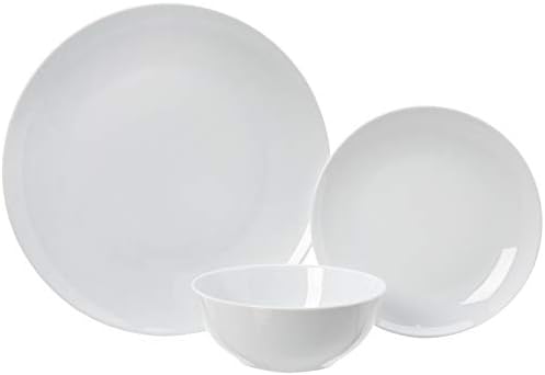Amazon Basics 18-Piece Complete Kitchen Dinnerware Set, Microwave and Dishwasher Safe, Plates, Dishes, Bowls for Everyday Use, Service for 6, White Porcelain Coupe
