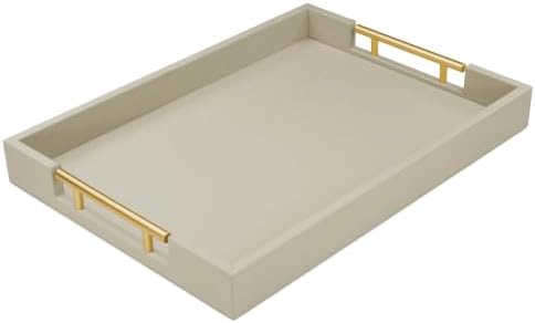 ATZYmolin 17"x12" Leather Serving Tray, Gold Handle Vanity Platter, Grey