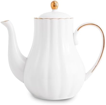 Agyiuns Tea Pot, Porcelain Teapot 37oz，tea pots for tea party，Tea Infuser Pots for Blooming loose Leaf Tea(White)