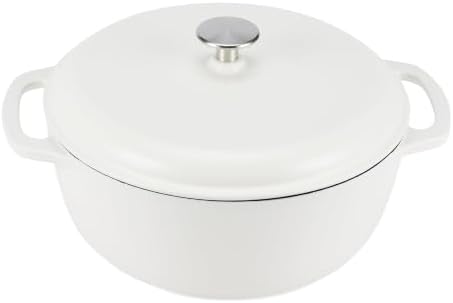 Amazon Basics Enameled Cast Iron Dutch Oven Pot with Lid, Round, Dual Handles, Heavy-Duty, Oven Safe for Stews, Roasting, Baking, 7.3-Quart, Matte White