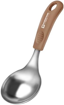 Short Stainless Steel Ladle 220mm (8.6”) – SUS304 Thick Deep Bowl Head with Soft-Grip Silicone Handle – Lightweight Mini Soup & Serving Spoon for Cooking – 5 Color Options (Brown)